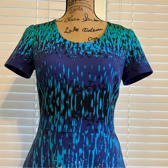 Belle Badgley Mischka Sz 2 Dress Blue Green A Line Flare Starry Night Art Wear - Picture 2 of 12